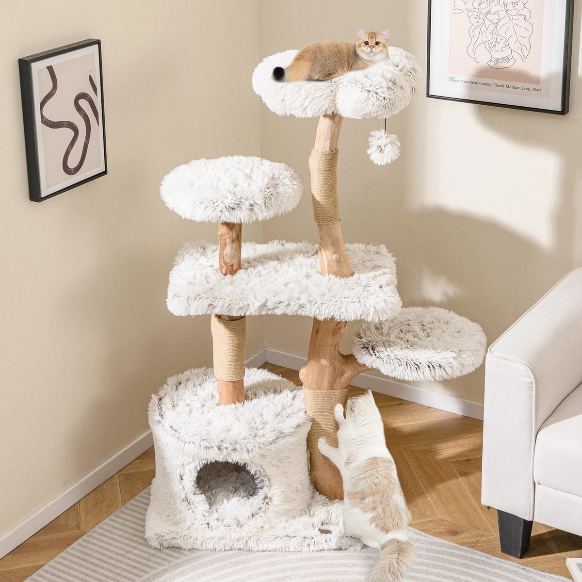 Whisker Haven — 135cm Natural Wood Cat Tree | Climbing Tower, Scratching Posts & Cozy Condo