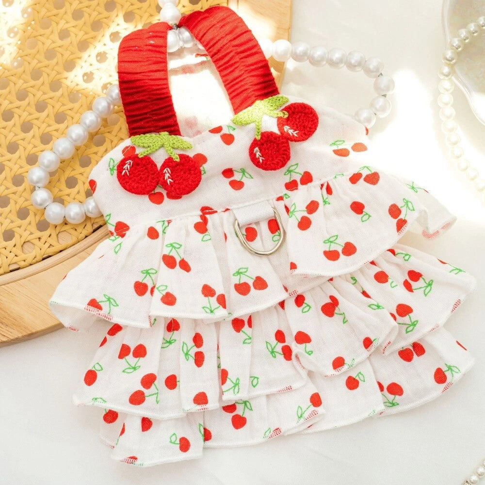 Cherry Print Dog & Cat Dress — Cute Ruffle Pet Dress with Red Straps
