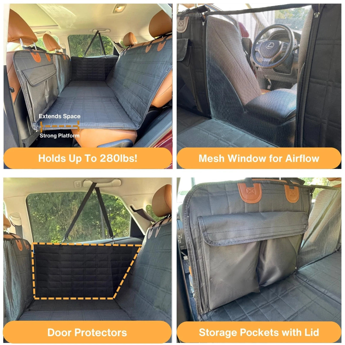 Dog Car Seat with Hard Bottom — Spacious Back Seat Cover for Dogs