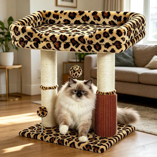 Purrfect Wild Retreat — Leopard Print Cat Tree with Large Perch, Scratching Posts & Self-Groomer