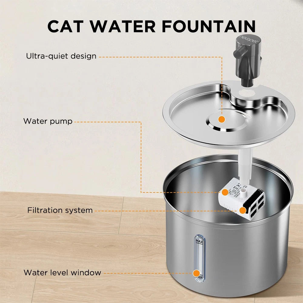 3L Stainless Steel Cat Water Fountain – Quiet Automatic Drinking Bowl for Happy, Hydrated Cats