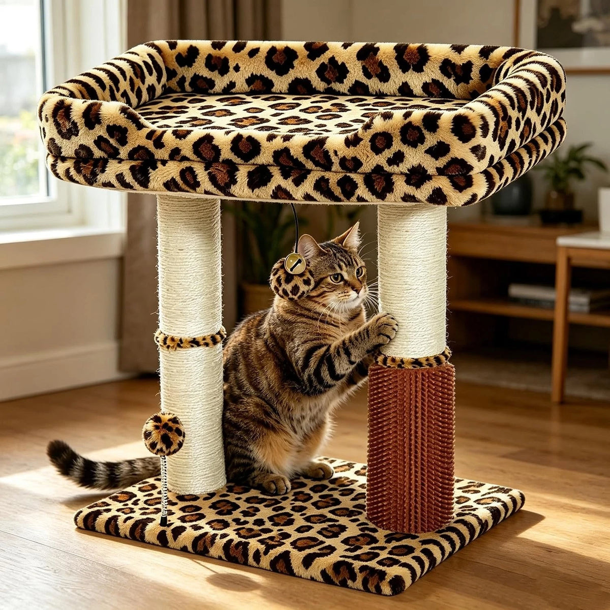 Purrfect Wild Retreat — Leopard Print Cat Tree with Large Perch, Scratching Posts & Self-Groomer