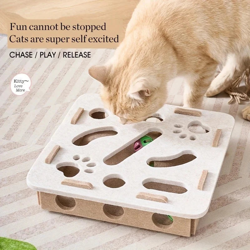 Cat Puzzle Toy — Felt Maze Tunnel Box with Bell Balls for Interactive Play