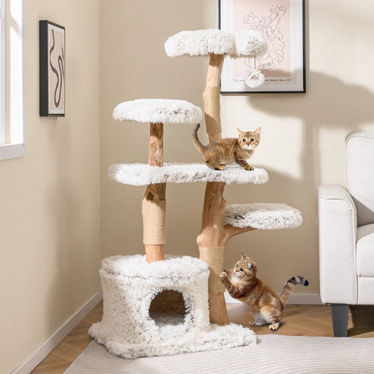 Whisker Haven — 135cm Natural Wood Cat Tree | Climbing Tower, Scratching Posts & Cozy Condo