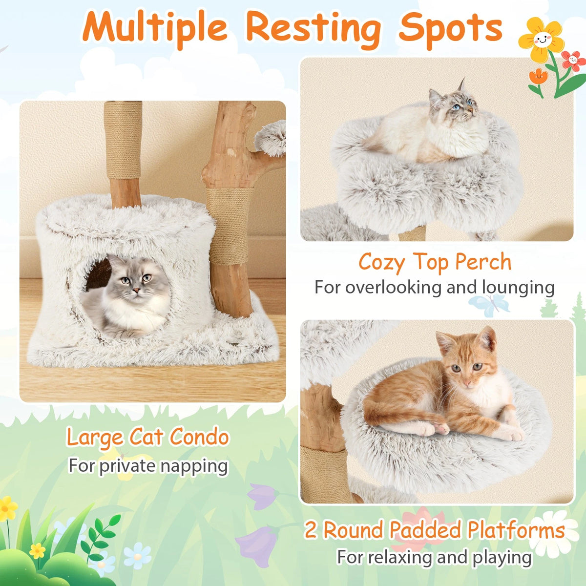 Whisker Haven — 135cm Natural Wood Cat Tree | Climbing Tower, Scratching Posts & Cozy Condo
