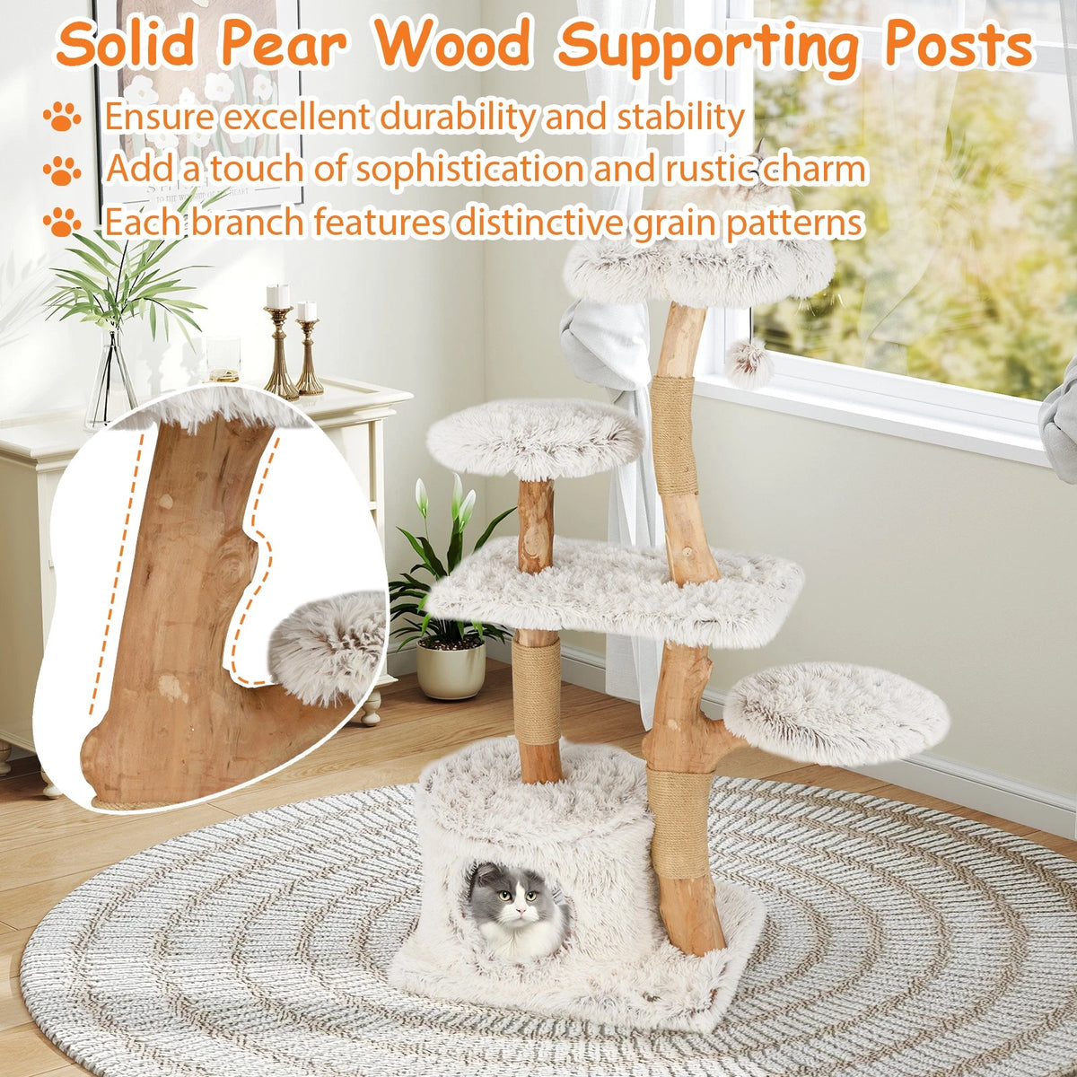 Whisker Haven — 135cm Natural Wood Cat Tree | Climbing Tower, Scratching Posts & Cozy Condo