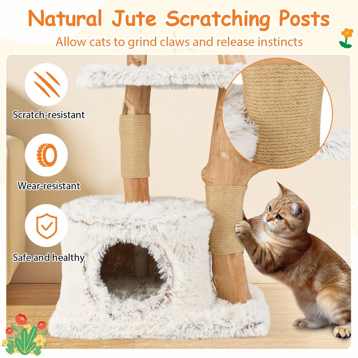 Whisker Haven — 135cm Natural Wood Cat Tree | Climbing Tower, Scratching Posts & Cozy Condo