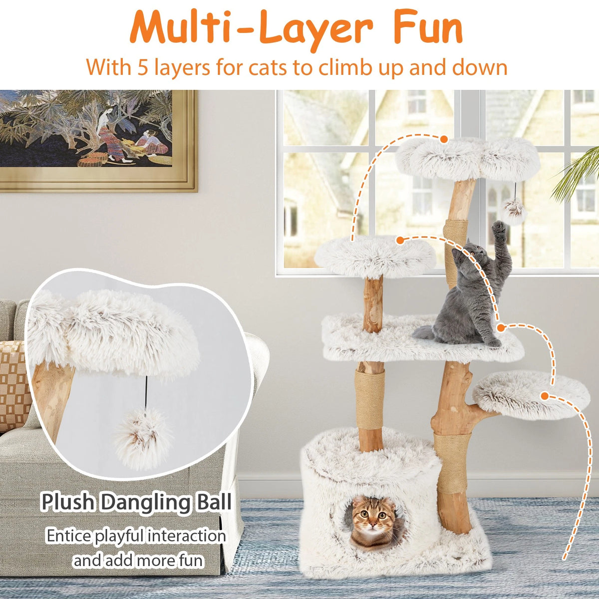 Whisker Haven — 135cm Natural Wood Cat Tree | Climbing Tower, Scratching Posts & Cozy Condo