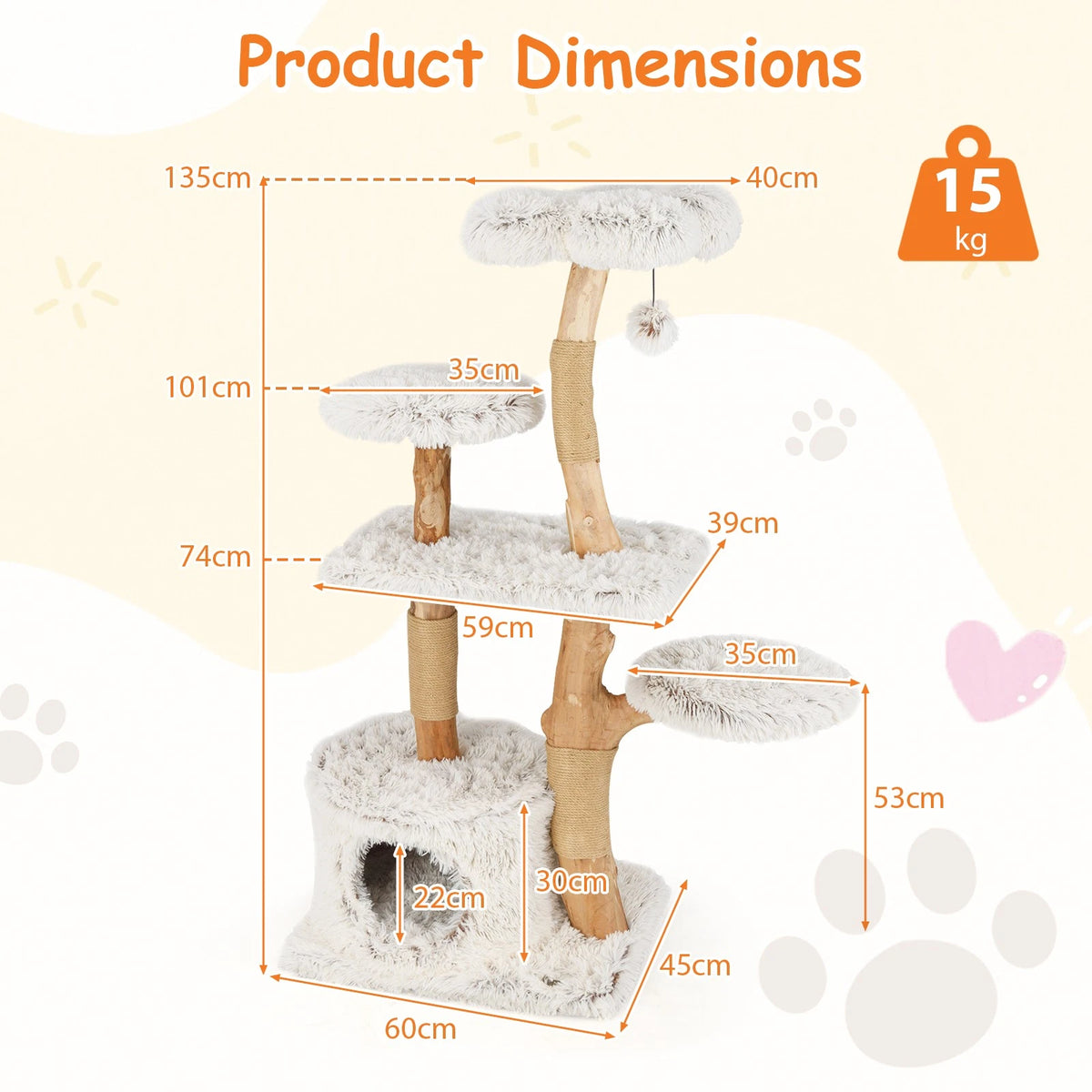 Whisker Haven — 135cm Natural Wood Cat Tree | Climbing Tower, Scratching Posts & Cozy Condo