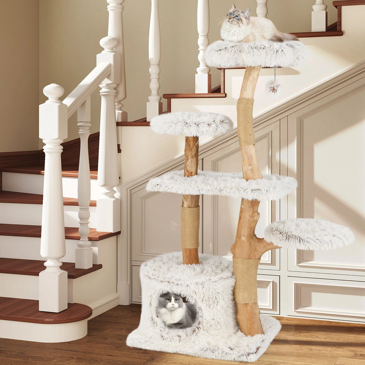 Whisker Haven — 135cm Natural Wood Cat Tree | Climbing Tower, Scratching Posts & Cozy Condo