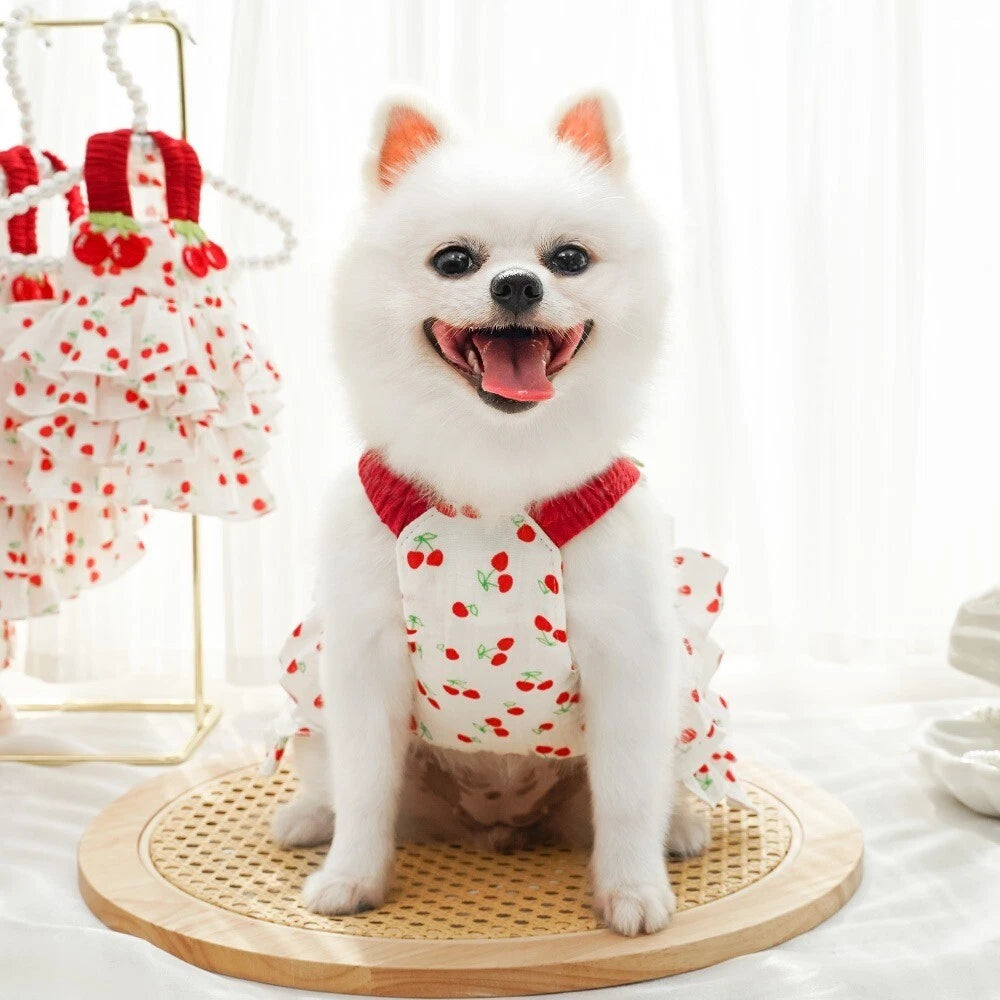 Cherry Print Dog & Cat Dress — Cute Ruffle Pet Dress with Red Straps