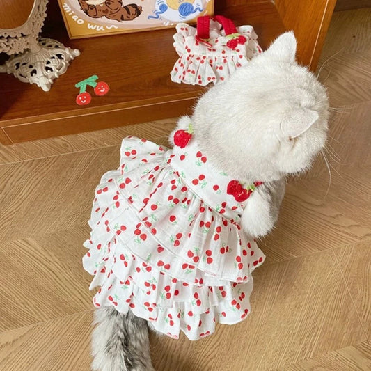 Cherry Print Dog & Cat Dress — Cute Ruffle Pet Dress with Red Straps