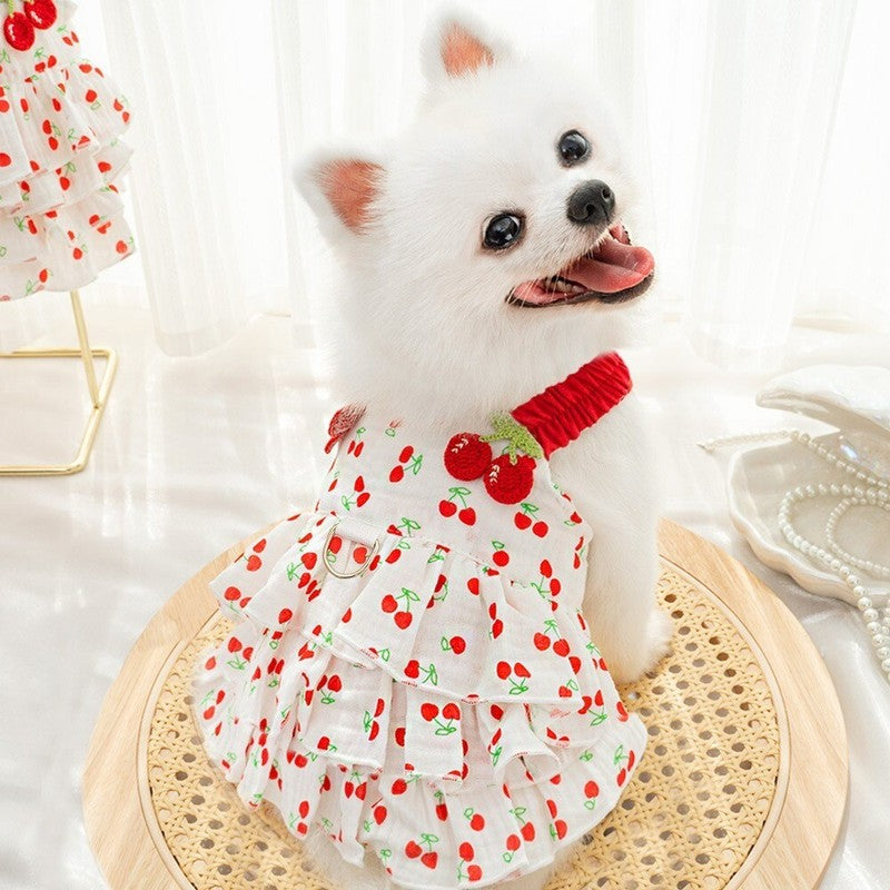 Cherry Print Dog & Cat Dress — Cute Ruffle Pet Dress with Red Straps