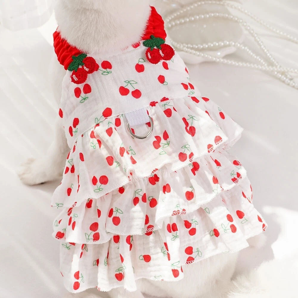 Cherry Print Dog & Cat Dress — Cute Ruffle Pet Dress with Red Straps