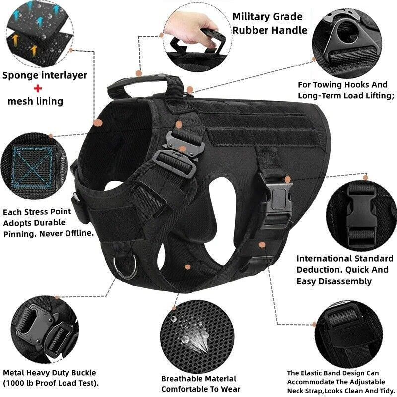 Heavy Duty Tactical Dog Harness – Adjustable Military Training Vest, Leash and Collar