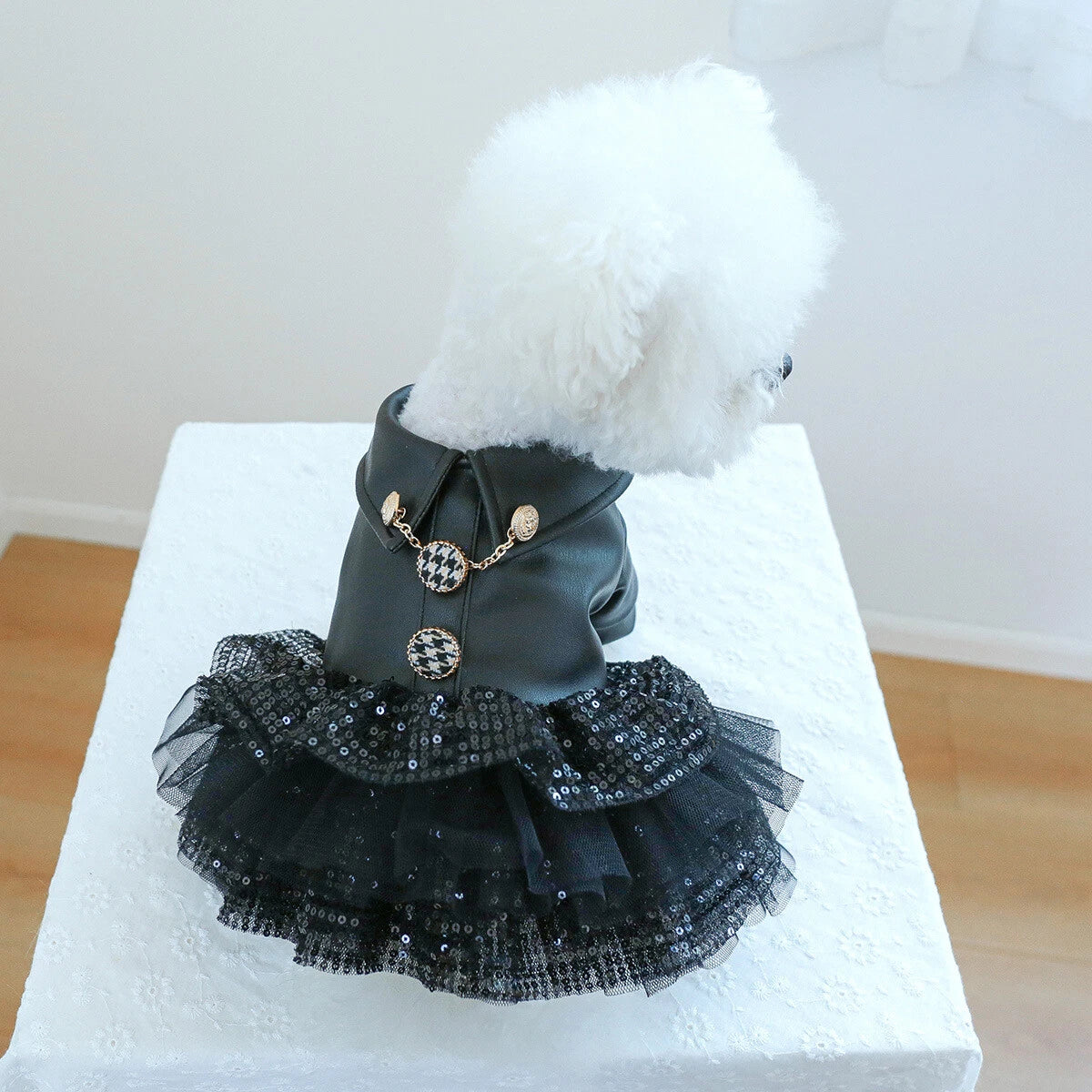 Elegant Faux Leather Pet Skirt — Ruffled Sequin Outfit for Dogs & Cats