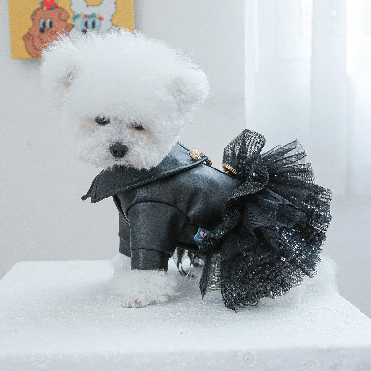 Elegant Faux Leather Pet Skirt — Ruffled Sequin Outfit for Dogs & Cats