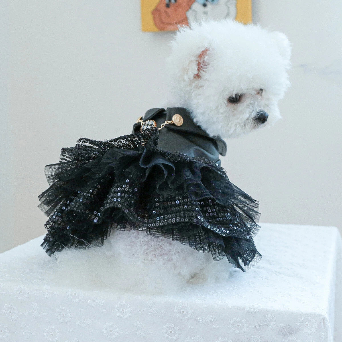 Elegant Faux Leather Pet Skirt — Ruffled Sequin Outfit for Dogs & Cats