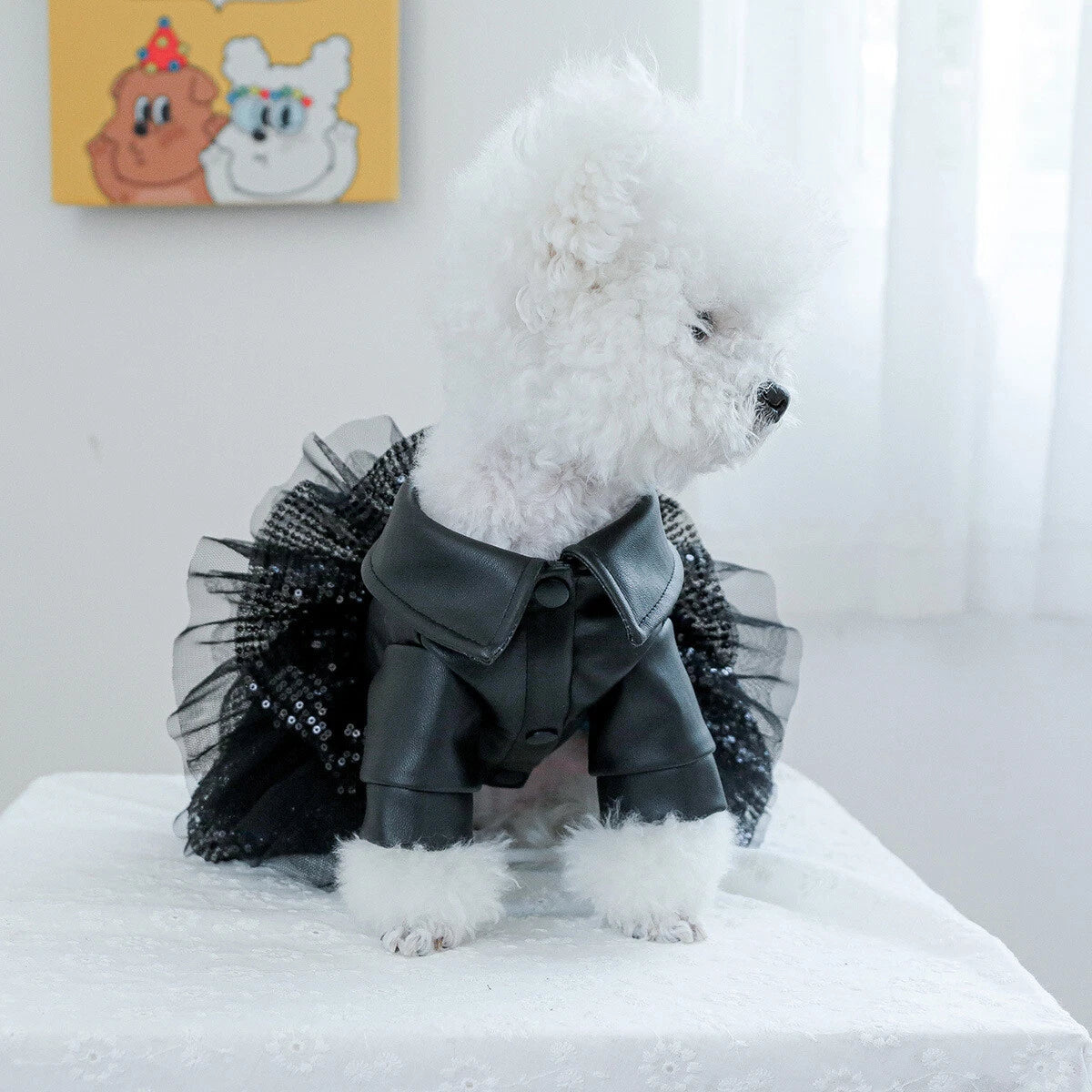 Elegant Faux Leather Pet Skirt — Ruffled Sequin Outfit for Dogs & Cats