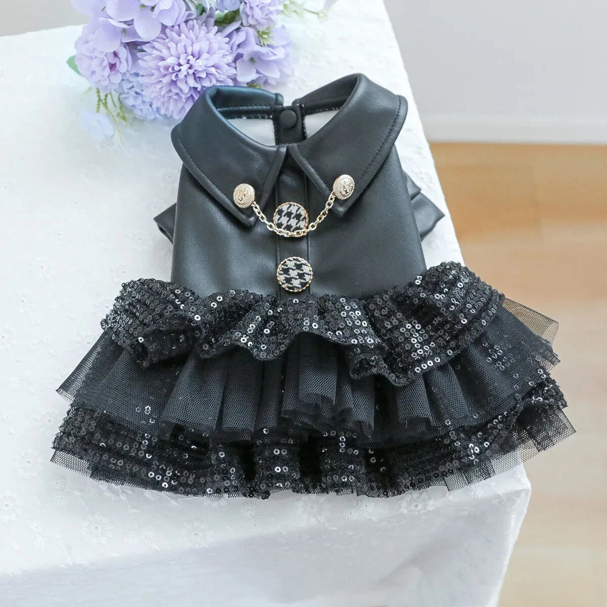 Elegant Faux Leather Pet Skirt — Ruffled Sequin Outfit for Dogs & Cats