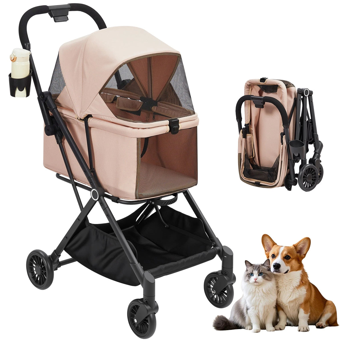 Foldable Pet Stroller — 4-Wheel Dog & Cat Carrier for Travel & Adventures